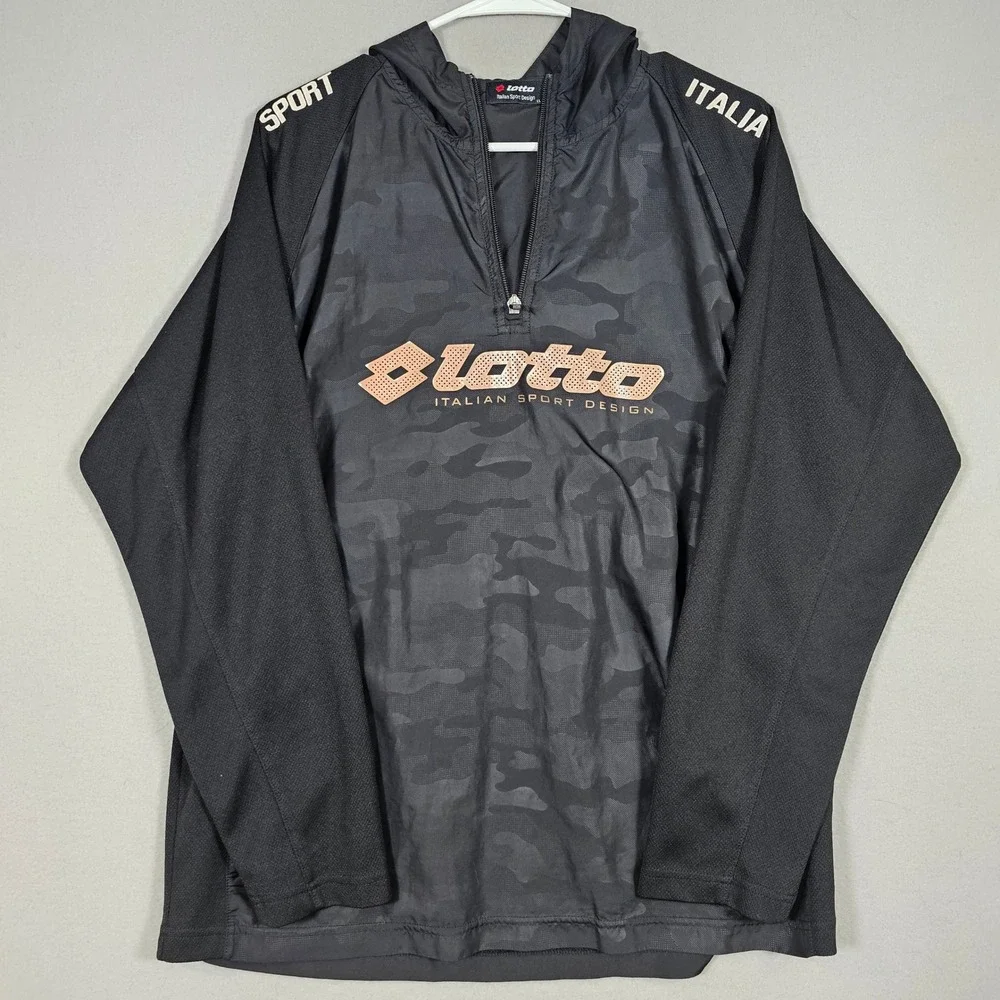 Lotto Italian Sport Design Men Black Camo Quarter Zip Hooded Windbreaker Size LL - Picture 1 of 13